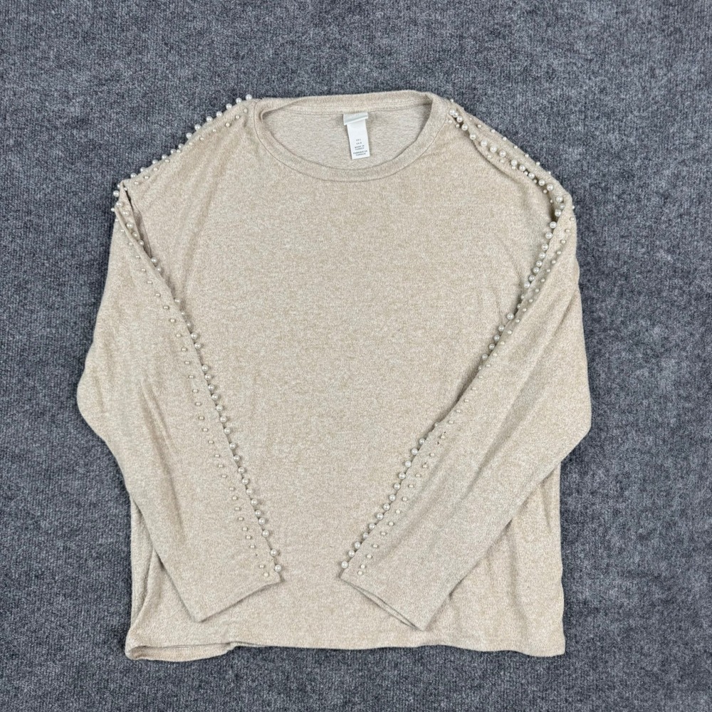 H&M Knit Top Womens Size L Beige Viscose Pearl Embellished Long Sleeve Casual